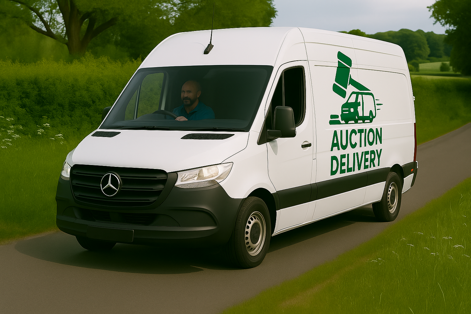 auction house delivery van on country road