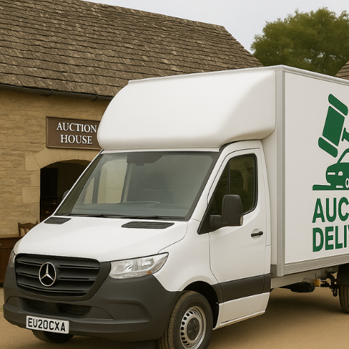 a van parked in front of an auction house