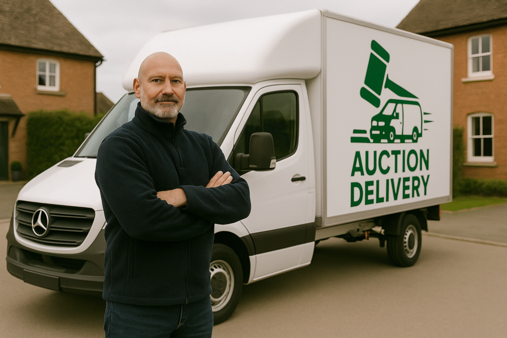 auction delivery driver standing in front of mercedes luton van