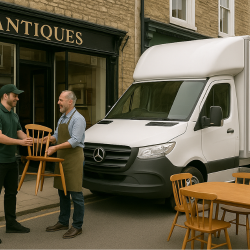 a delivery driver in a white van handing an antique chair to a shop owner

