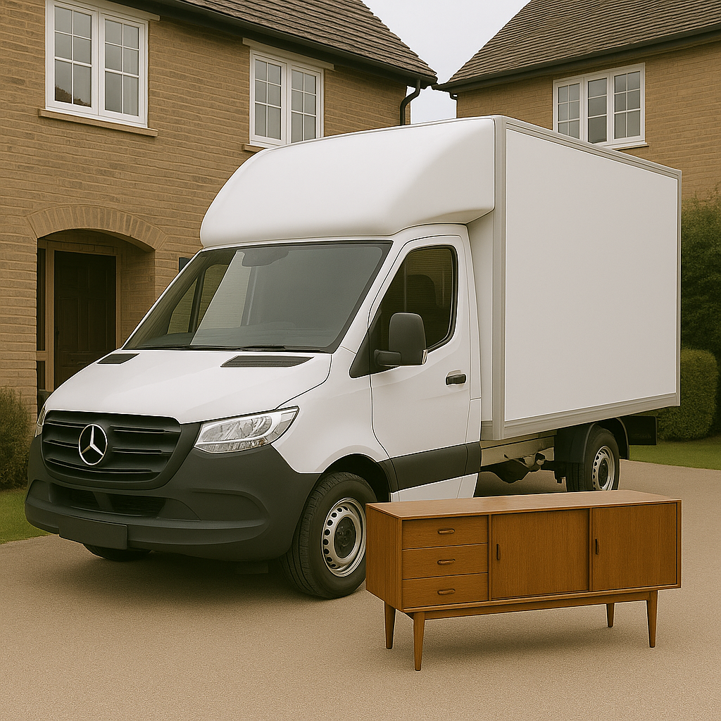 a mercedes sprinter luton van with a 1960s piece of furniture in the foreground