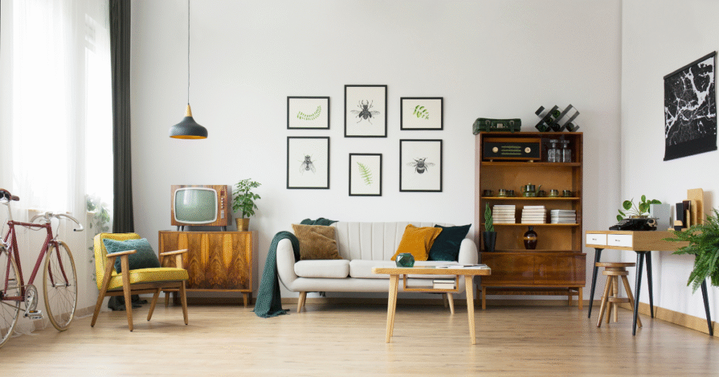 a minimalist room with vintage furniture