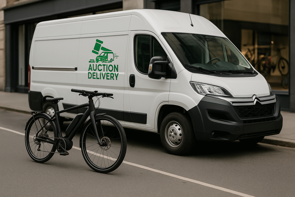 a white citroen relay van with an e-bike at the side - e-bike and bicycle courier service - unboxed bike delivery