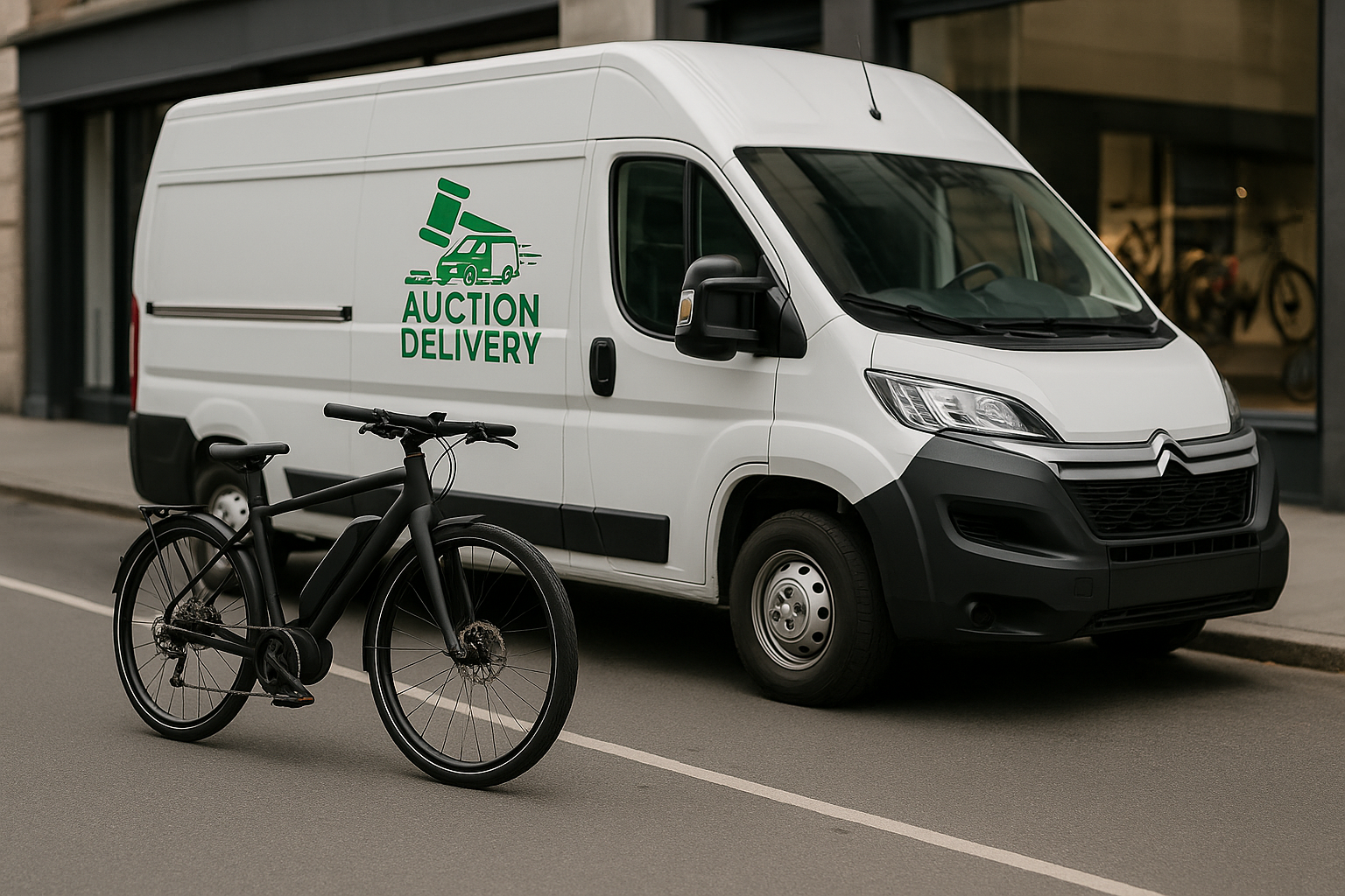 a white citroen relay van with an e-bike at the side - e-bike and bicycle courier service - unboxed bike delivery
