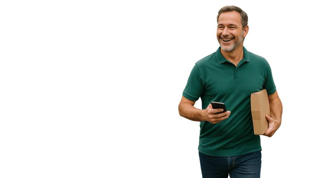 A similing delivery driver holding a package - same day courier plymouth