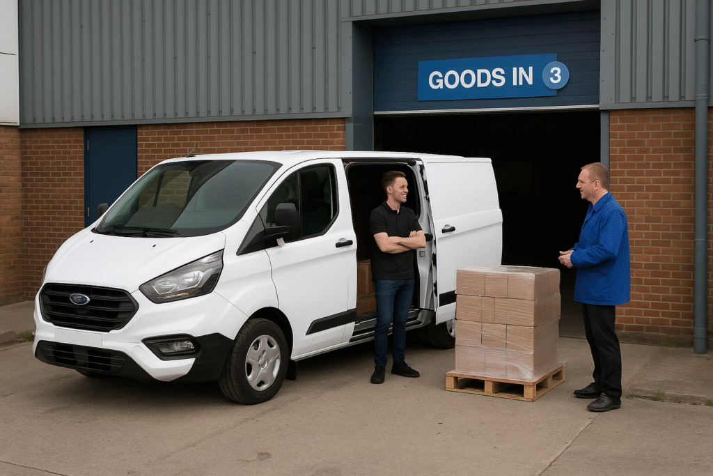a courier in a ford transit van making a delivery - same day courier plymouth