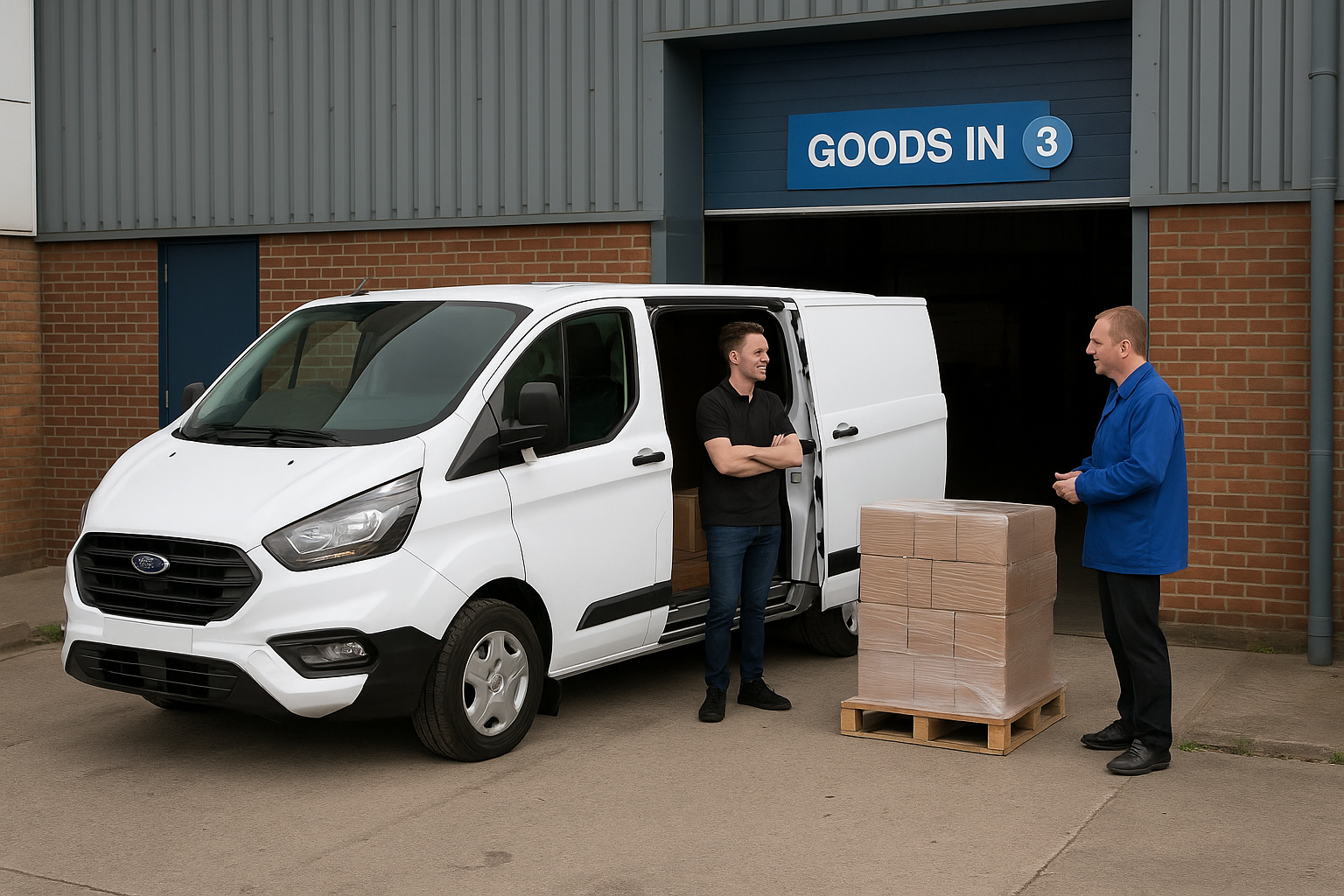 a courier in a ford transit van making a delivery - same day courier plymouth