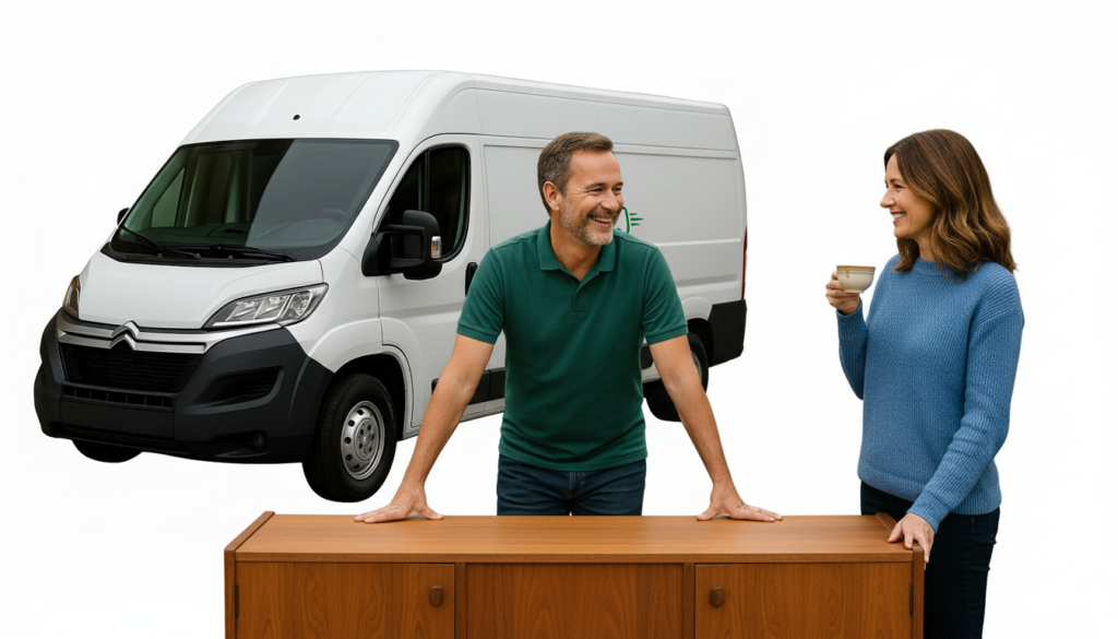 a delivery driver handing over a sideboard to a smiling female customer - ebay delivery service