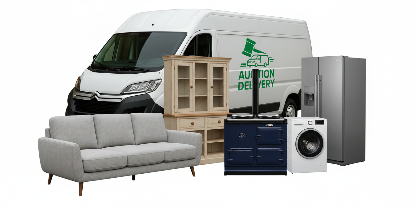 a white van with the auction delivery logo - in the foreground is a sofa, dresser, washing machine and aga cooker